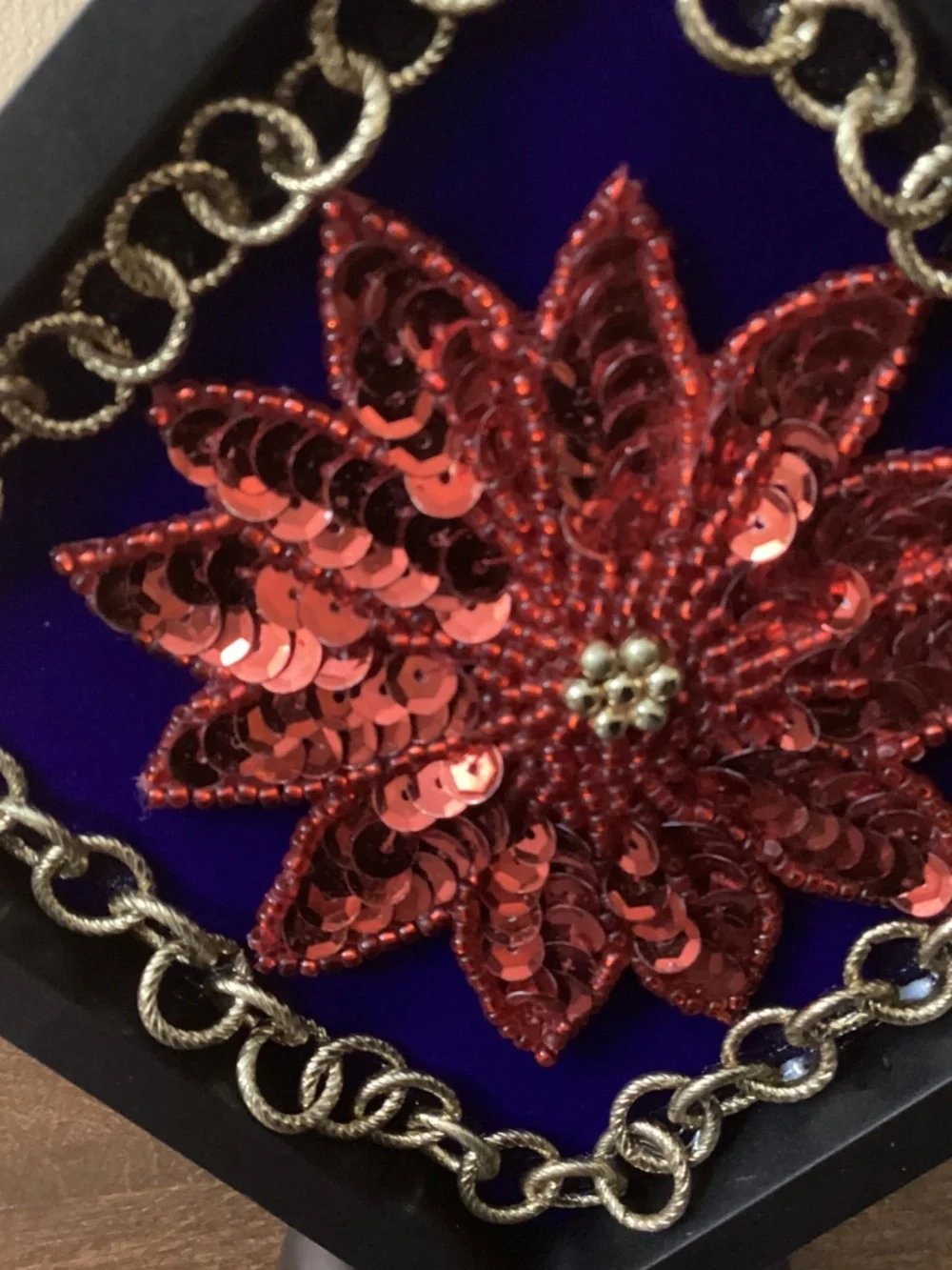 Handcrafted jewelry art Christmas encouragement red gold green supportive framed
